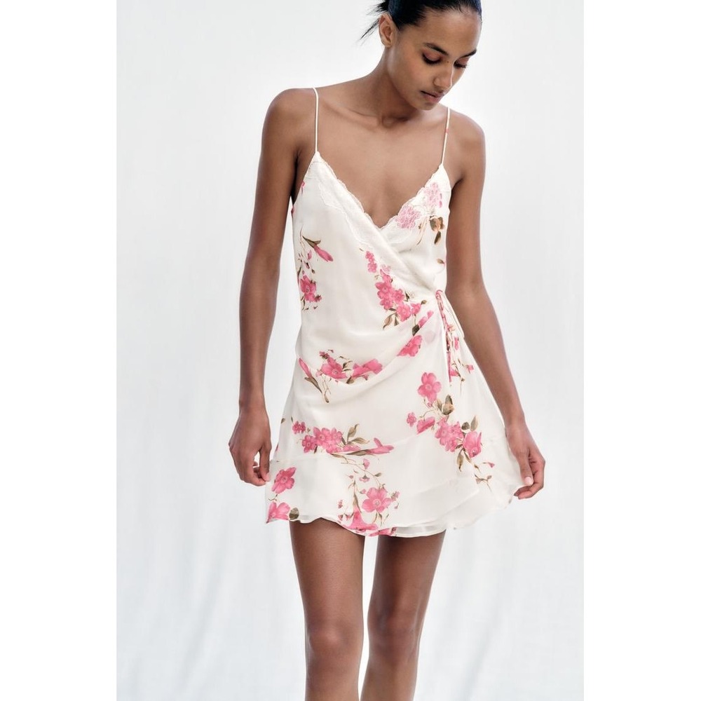 Zara White and Pink Floral Lace Mini Wrap Dress Size Large